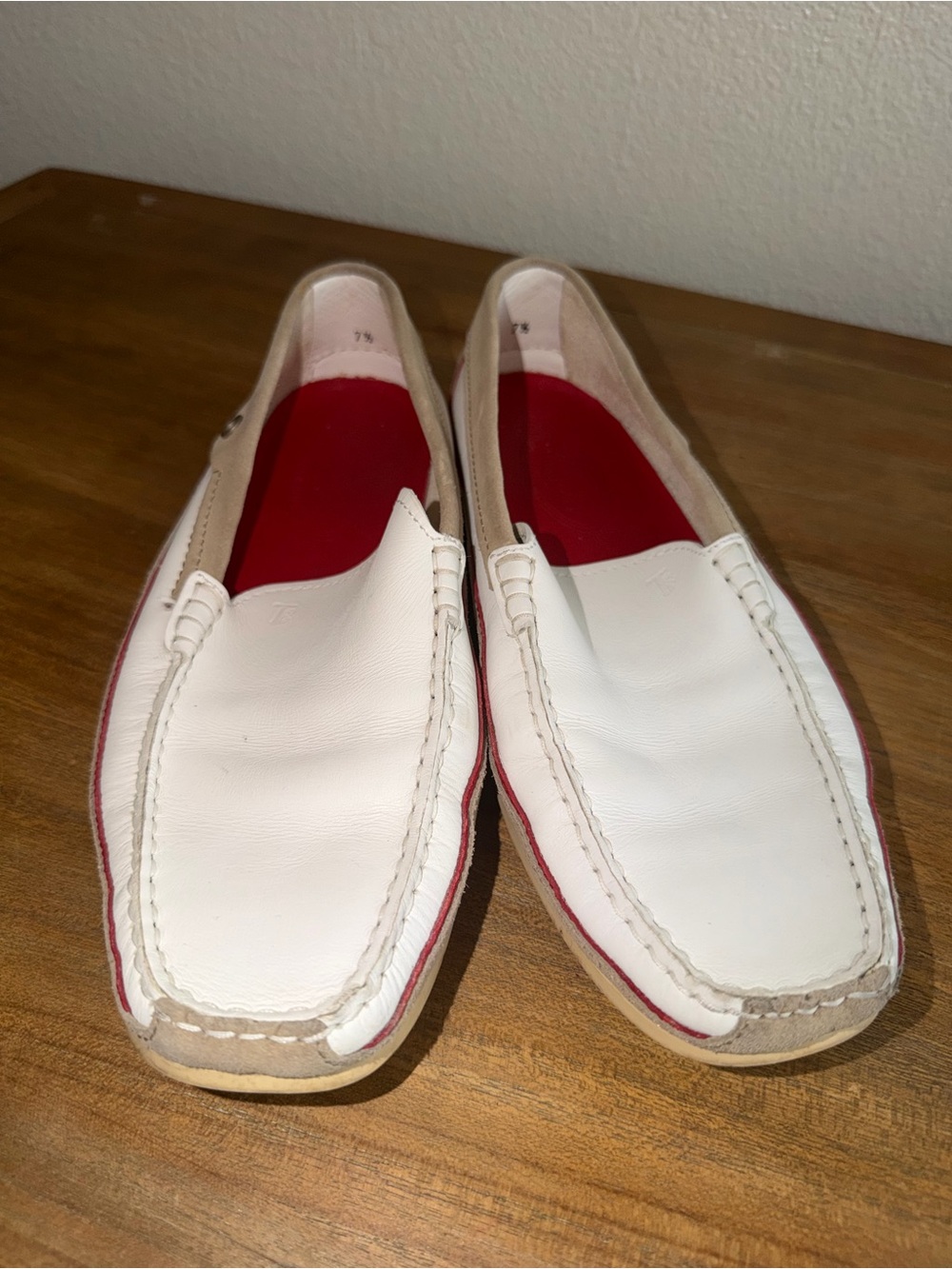 Tod's White Leather Driving Loafers with Red Insoles